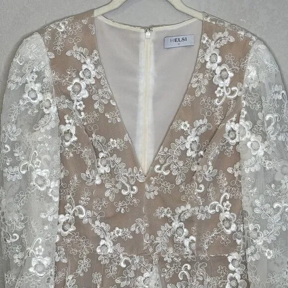 Helsi Dress Womens Medium White Lace Floral Fit Flare Long Sleeve Mini V Neck - Picture 5 of 14